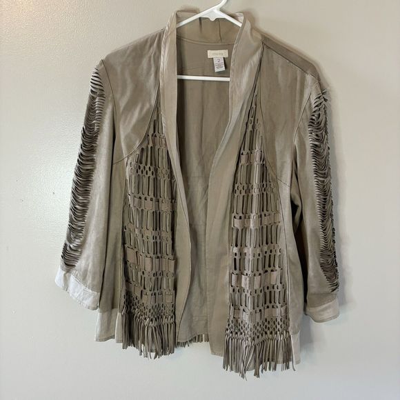 Chico’s Brown Tan Faux Suede Open Front Fringe Jacket Boho Western Sz 2 L… - Picture 1 of 8
